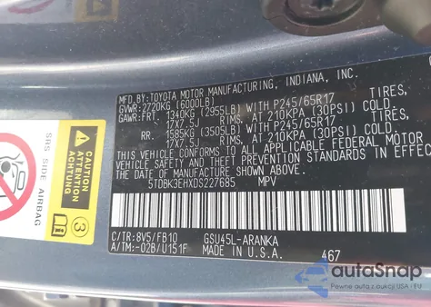 2013 Toyota Highlander Base V6 from USA, damaged, VIN 5TDBK3EHXDS227685